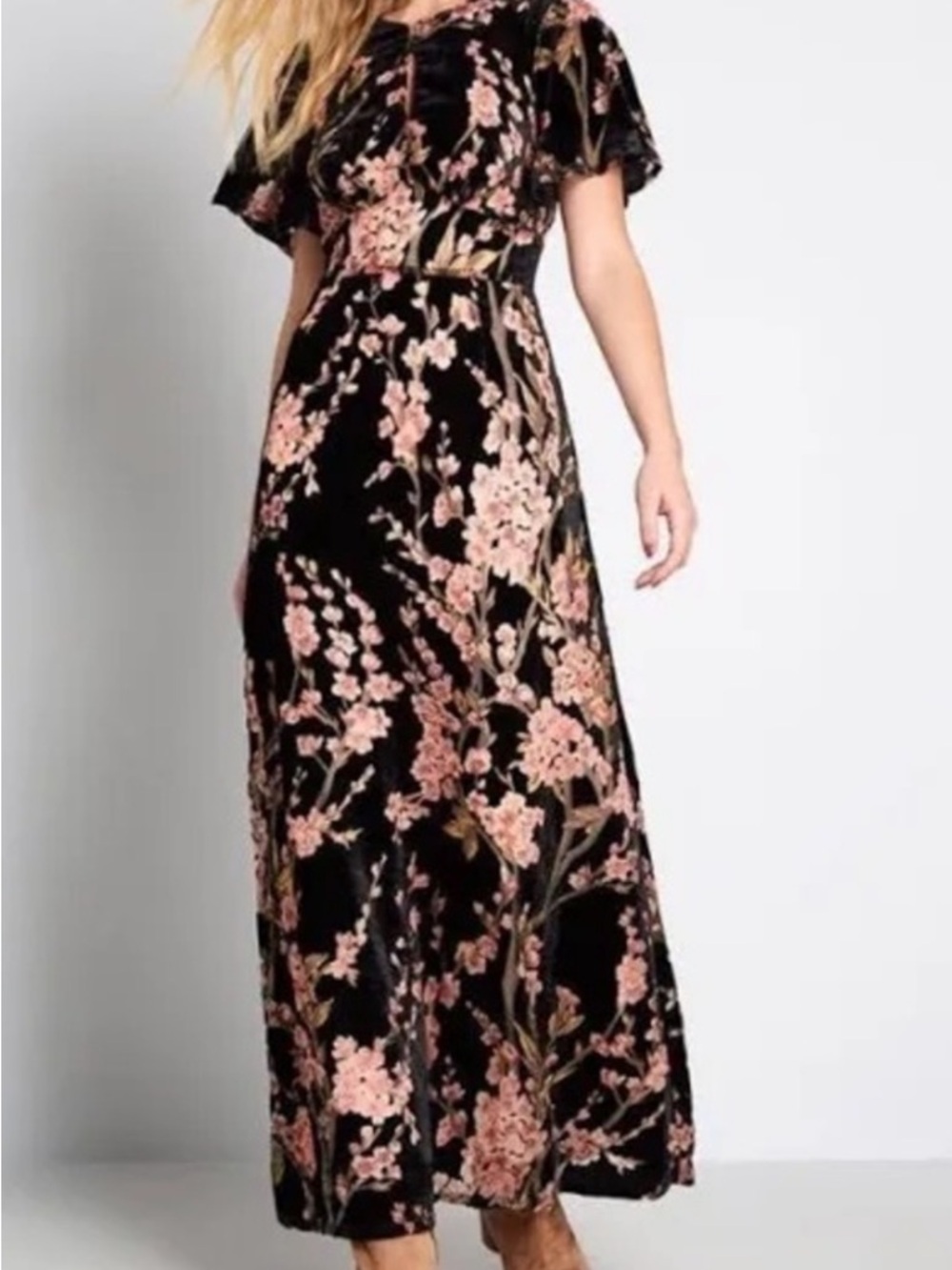 Modcloth Black Maxi Dress with Pink Floral Velvet